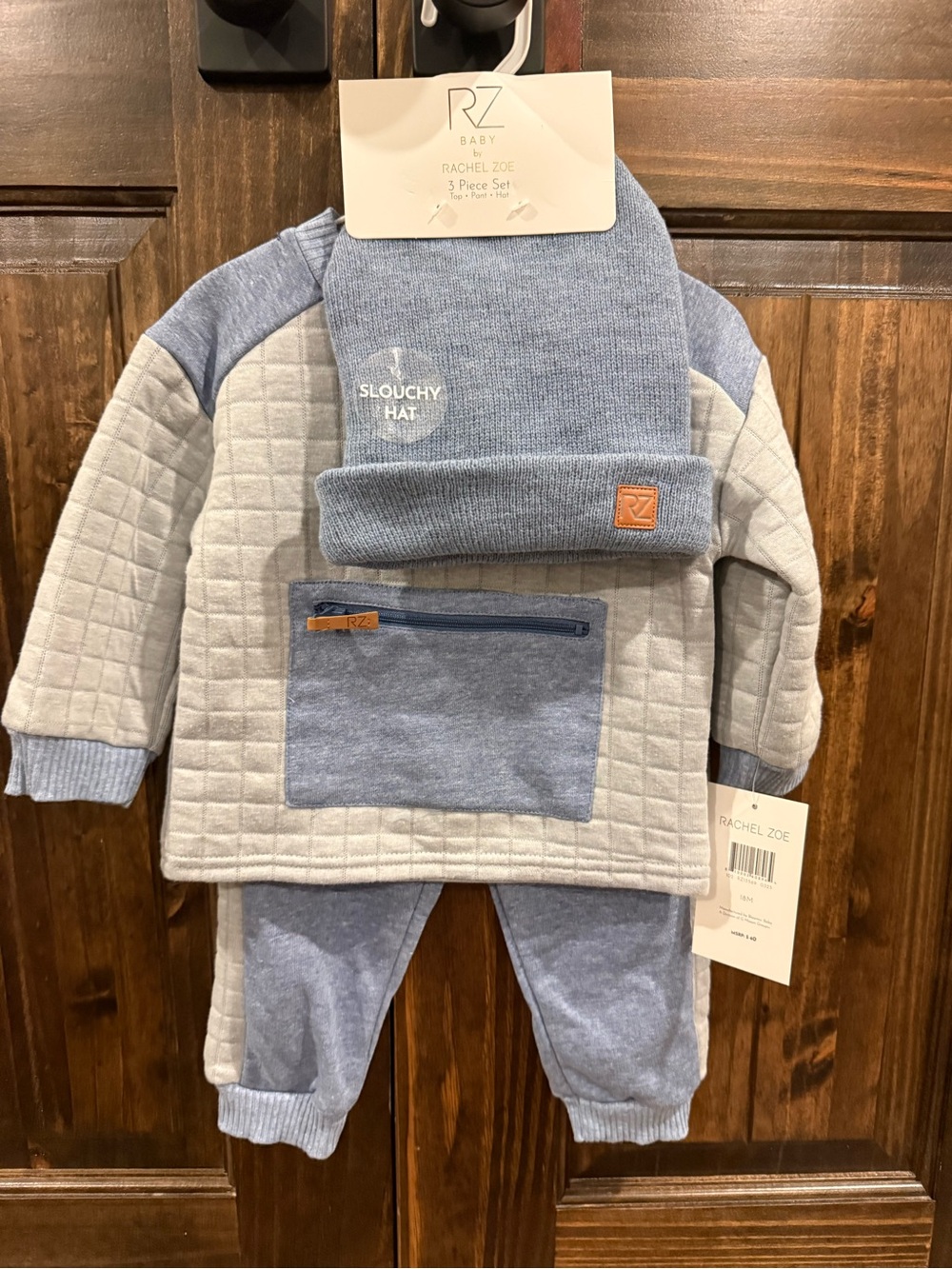 Rachel Zoe Baby Quilted Set with Knit Pants & Hat - Light Blue & Cream
